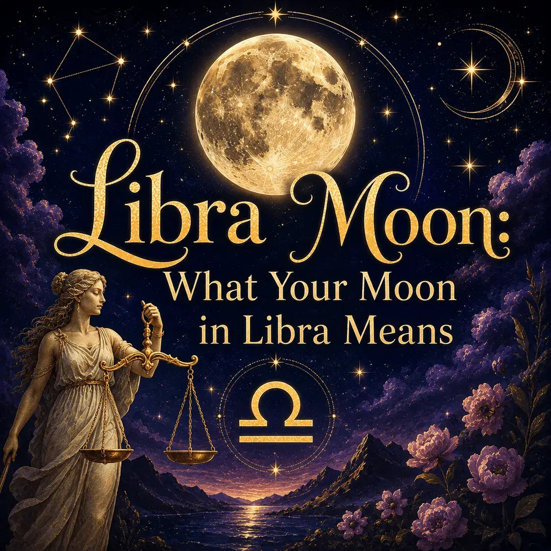 Celestial Libra Moon graphic with a glowing full moon, Libra symbol, golden scales, stars, mountains, and purple flowers.