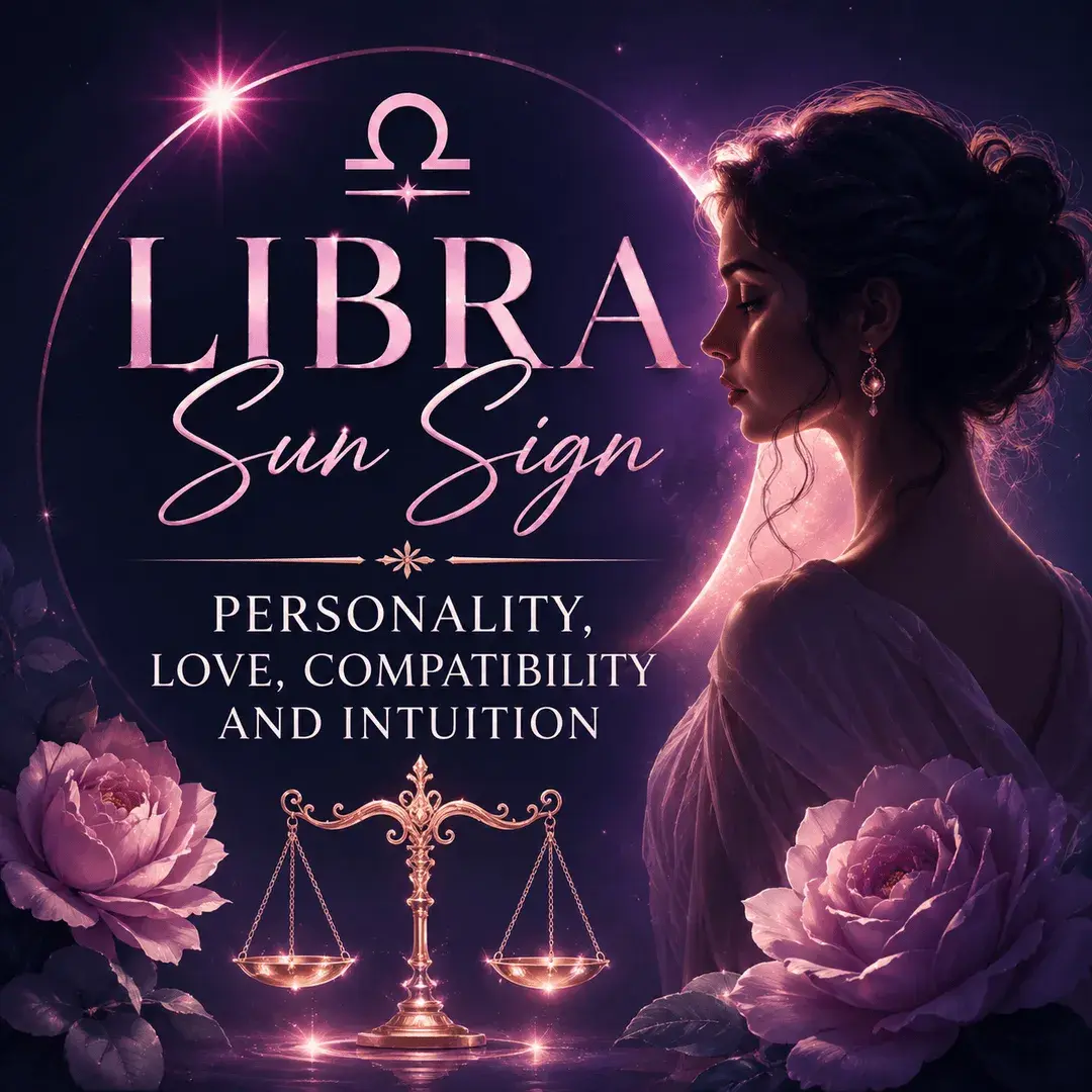 Libra Sun Sign astrology graphic featuring a woman, Libra scales, roses, and celestial imagery representing personality, love, compatibility, and intuition.