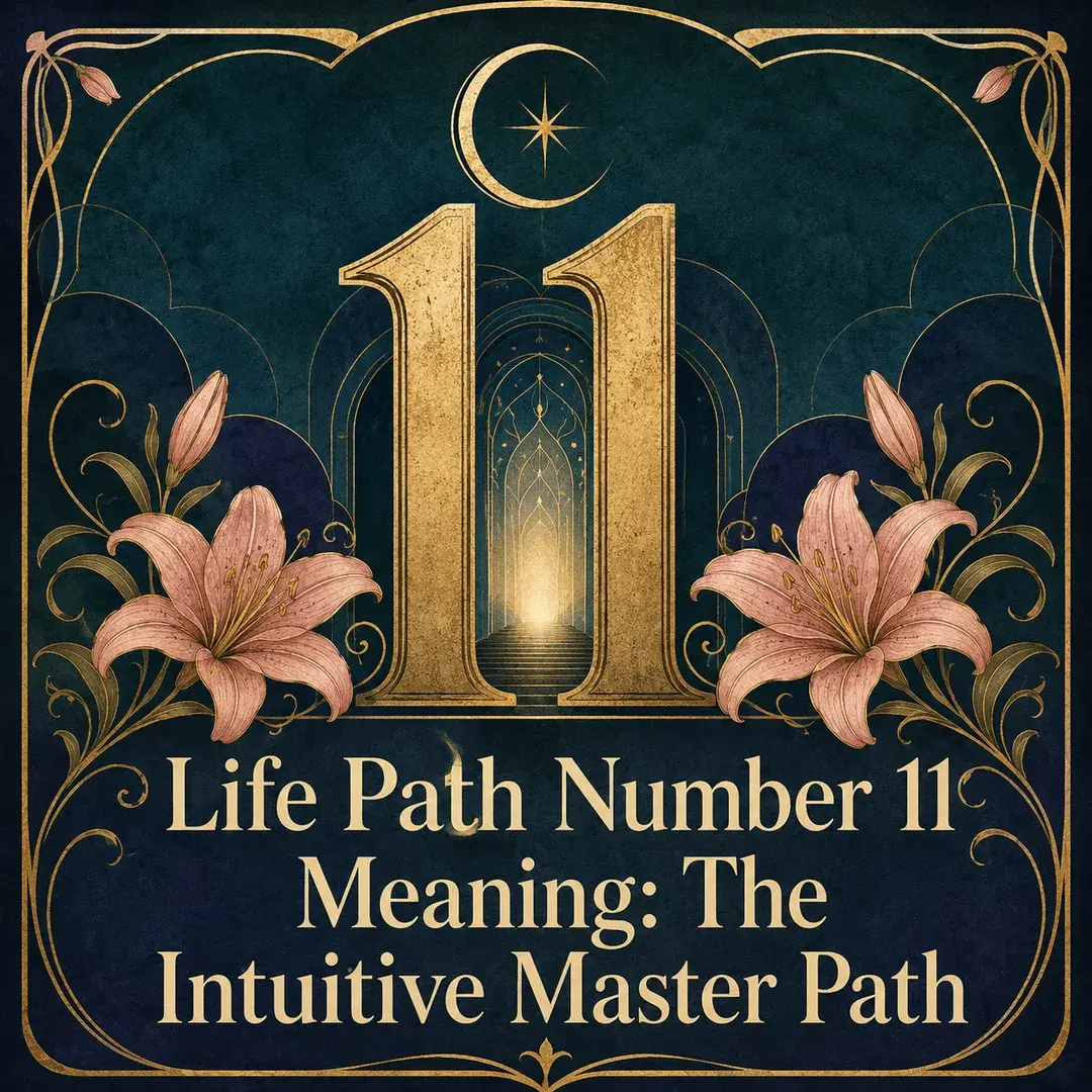 Golden number 11 framed by pink lilies beneath a crescent moon.