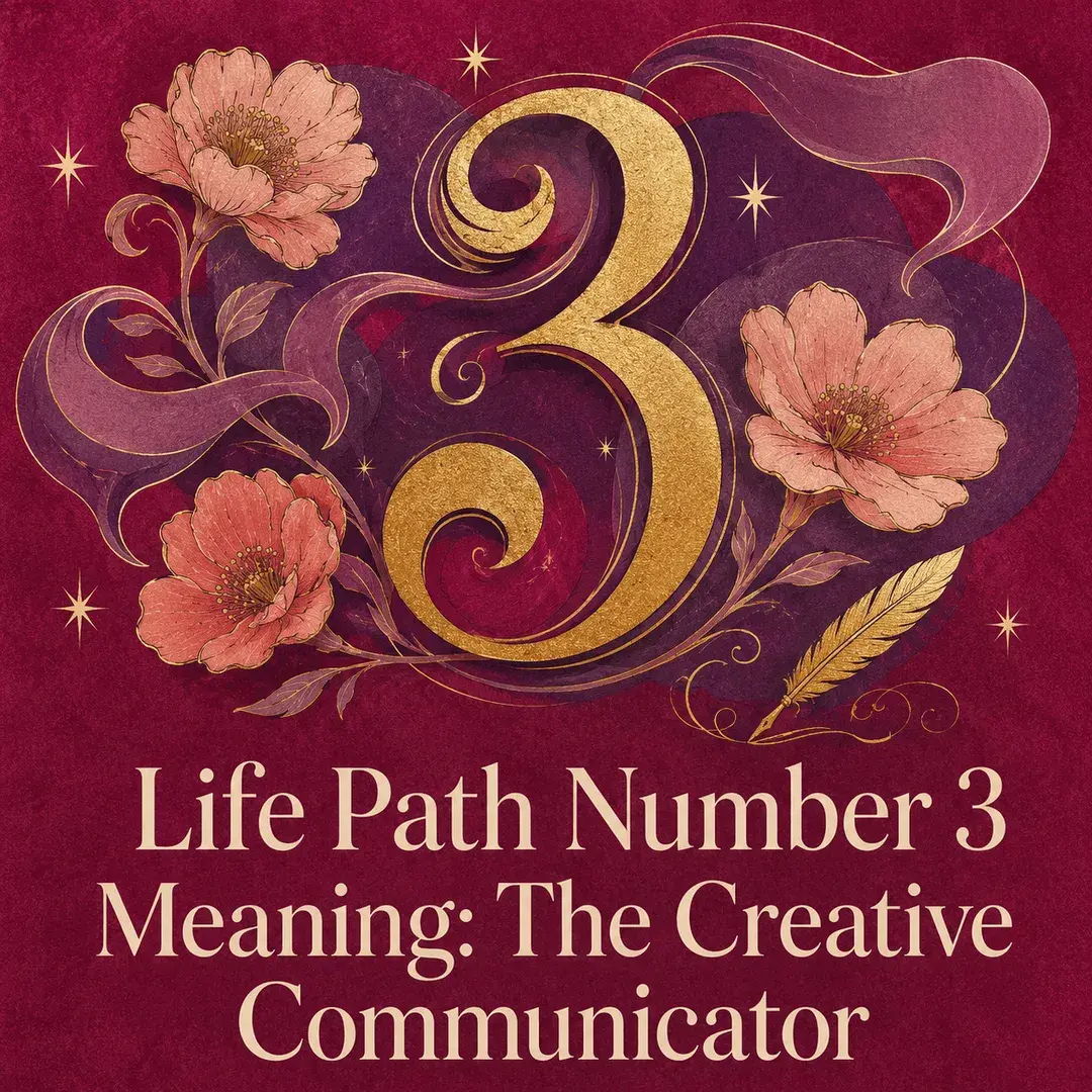 Golden number 3 surrounded by pink flowers, flowing ribbons, stars, and a quill.