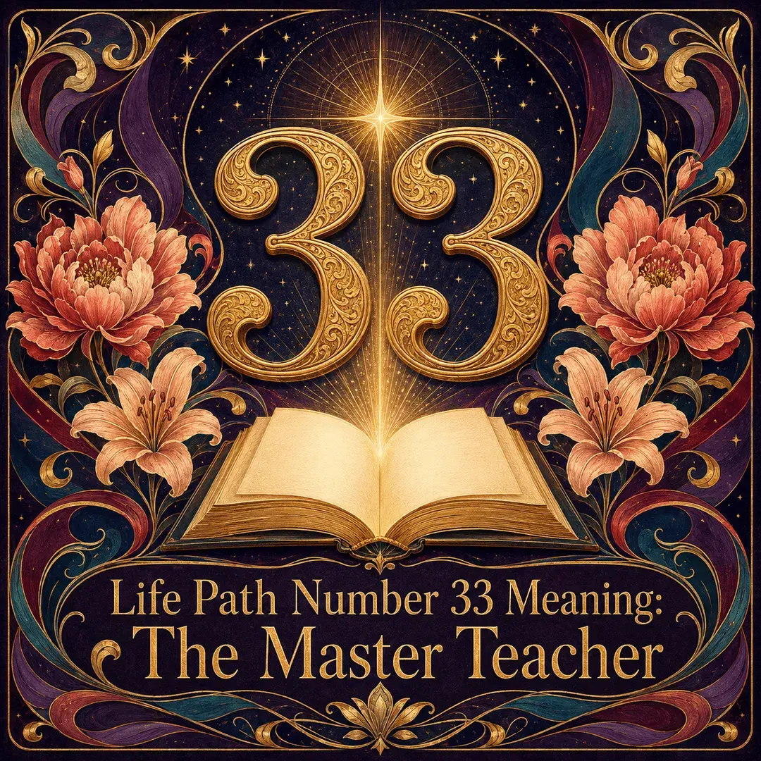 Golden number 33 above a glowing open book, surrounded by flowers, stars, and mystical swirls.