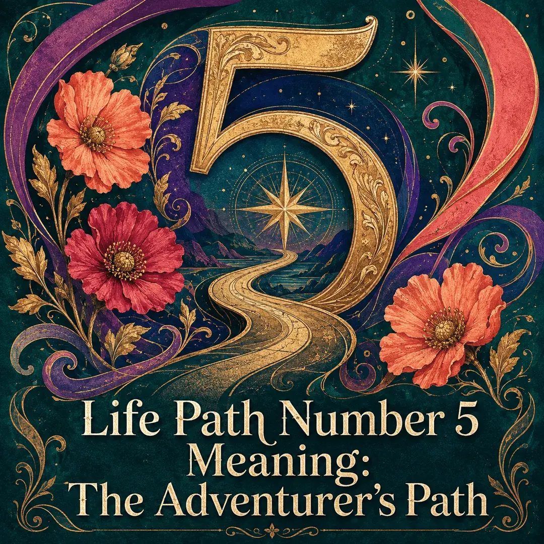 Golden number 5 with a winding road, compass star, flowers, and swirling ribbons.
