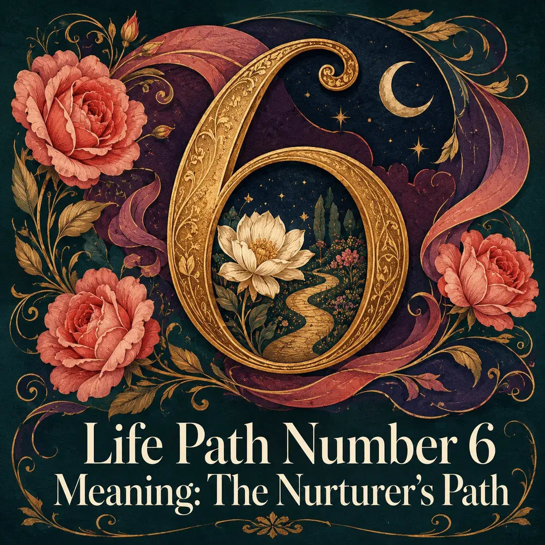Golden number 6 enclosing a moonlit garden, surrounded by coral roses and swirling ribbons.