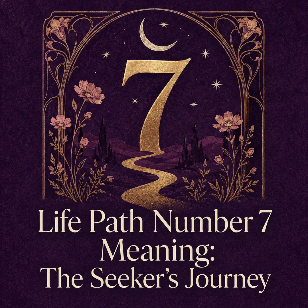 Golden number 7 and winding path beneath a crescent moon and flowers.