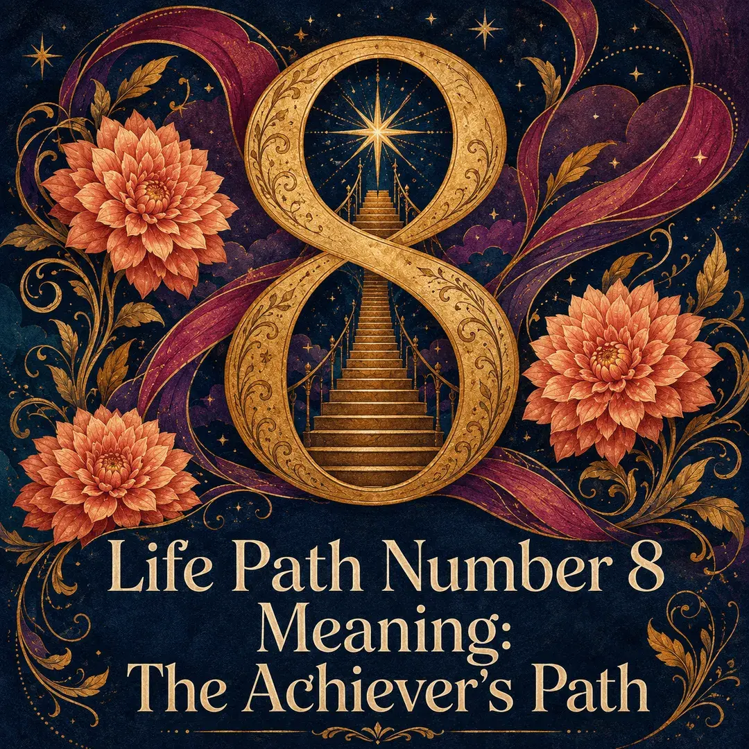 Golden number 8 with a rising staircase, coral flowers, and swirling ribbons.