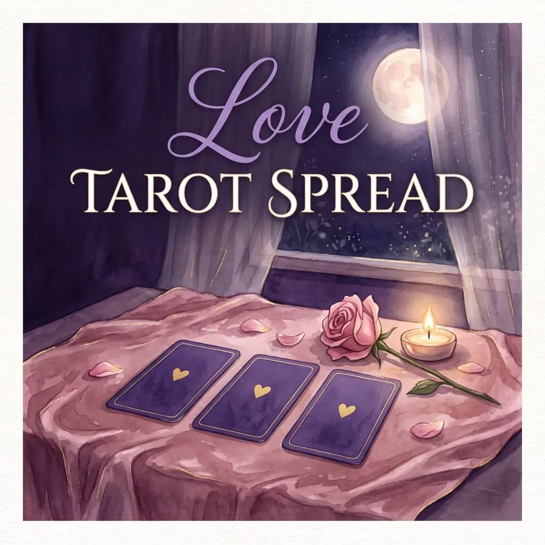 Love tarot spread: three tarot cards on rose velvet beside a pink rose, a candle and the full moon