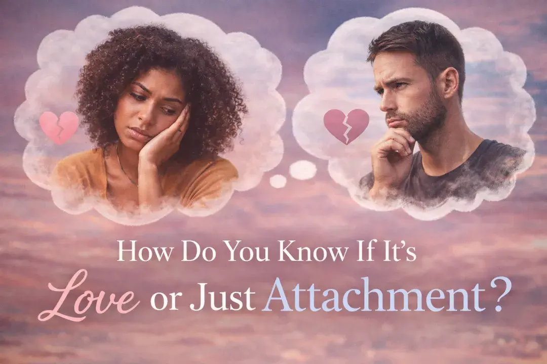 Woman and man in thought bubbles representing the difference between love and attachment with emotional relationship confusion