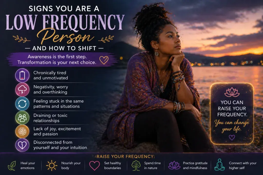 Woman sitting by water at sunset representing low vibrational energy, emotional heaviness, and the process of raising your frequency