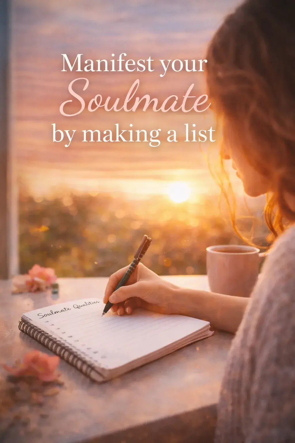Manifest your soulmate by making a list image showing woman writing relationship goals and visualizing love connection