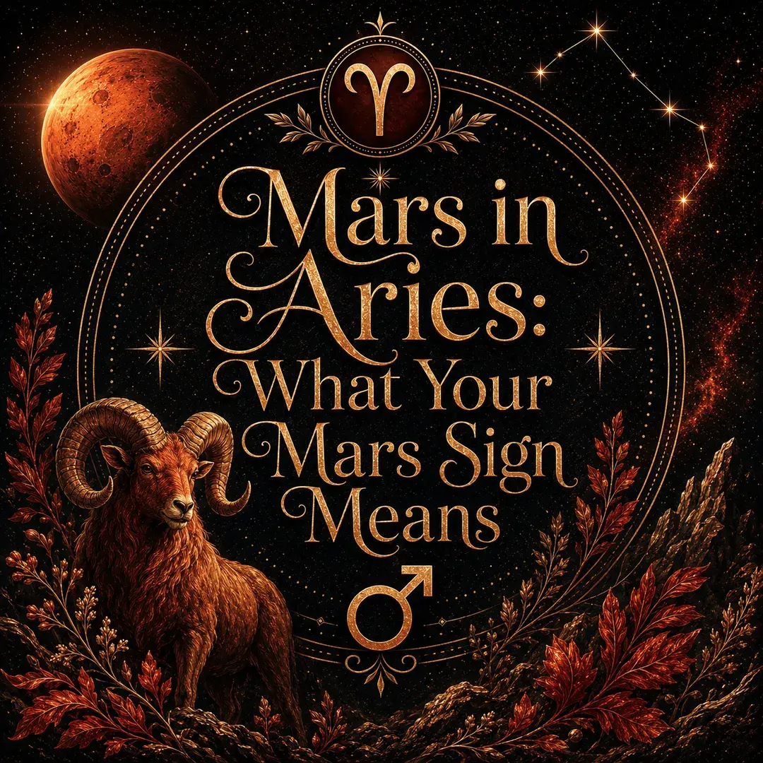 Mars in Aries astrology image with the Aries zodiac symbol, ram, Mars planet, constellation, and fiery red botanical details