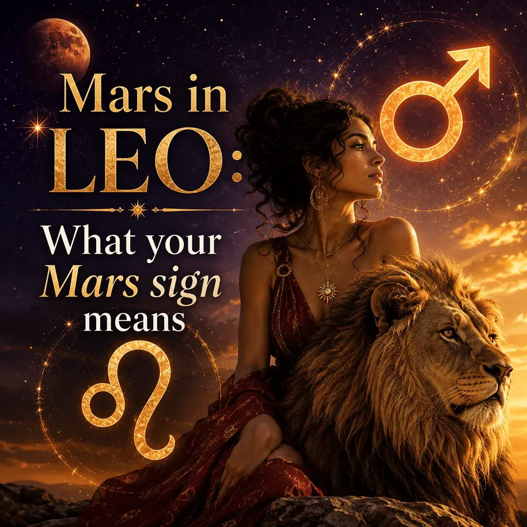 Mars in Leo astrology image with Leo symbol, Mars, lion, and confident woman representing bold action and self-expression.