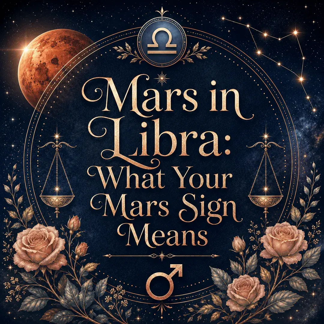 Mars in Libra astrology image with the Libra zodiac symbol, balance scales, Mars planet, constellation, and roses