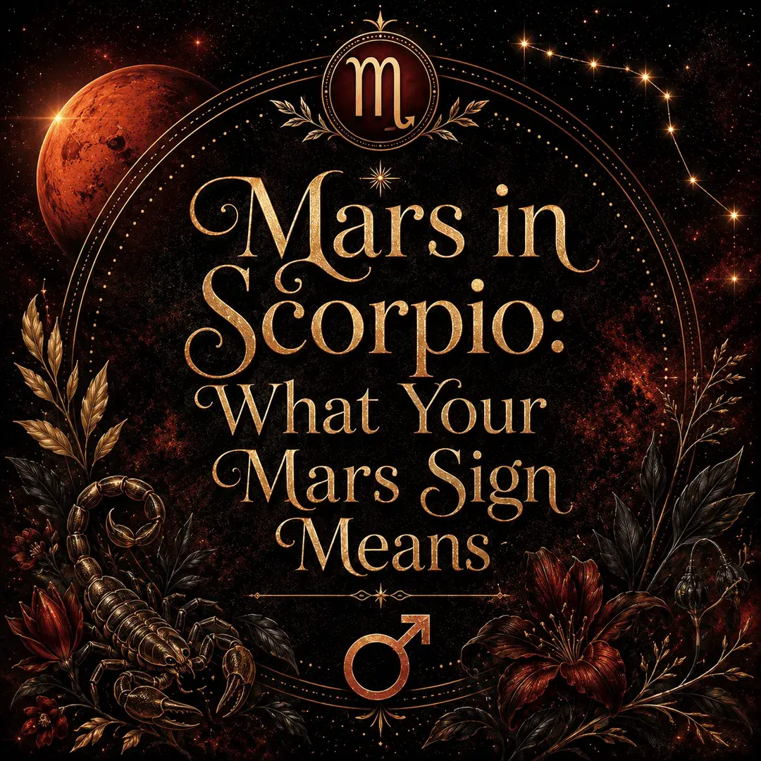 Mars in Scorpio astrology image with the Scorpio zodiac symbol, scorpion, Mars planet, constellation, and dark red flowers