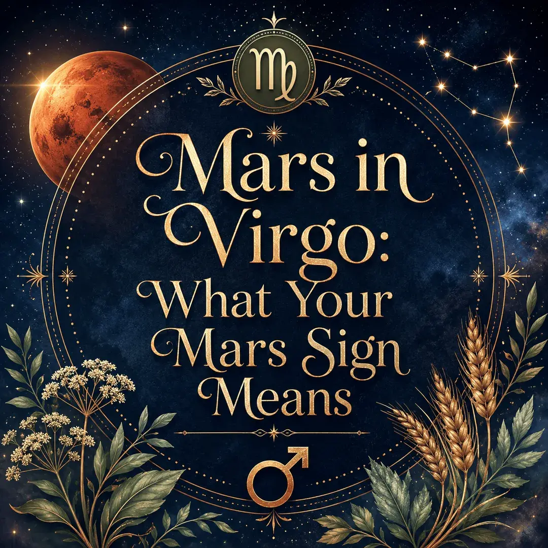 Mars in Virgo astrology image with the Virgo zodiac symbol, Mars planet, constellation, and botanical details