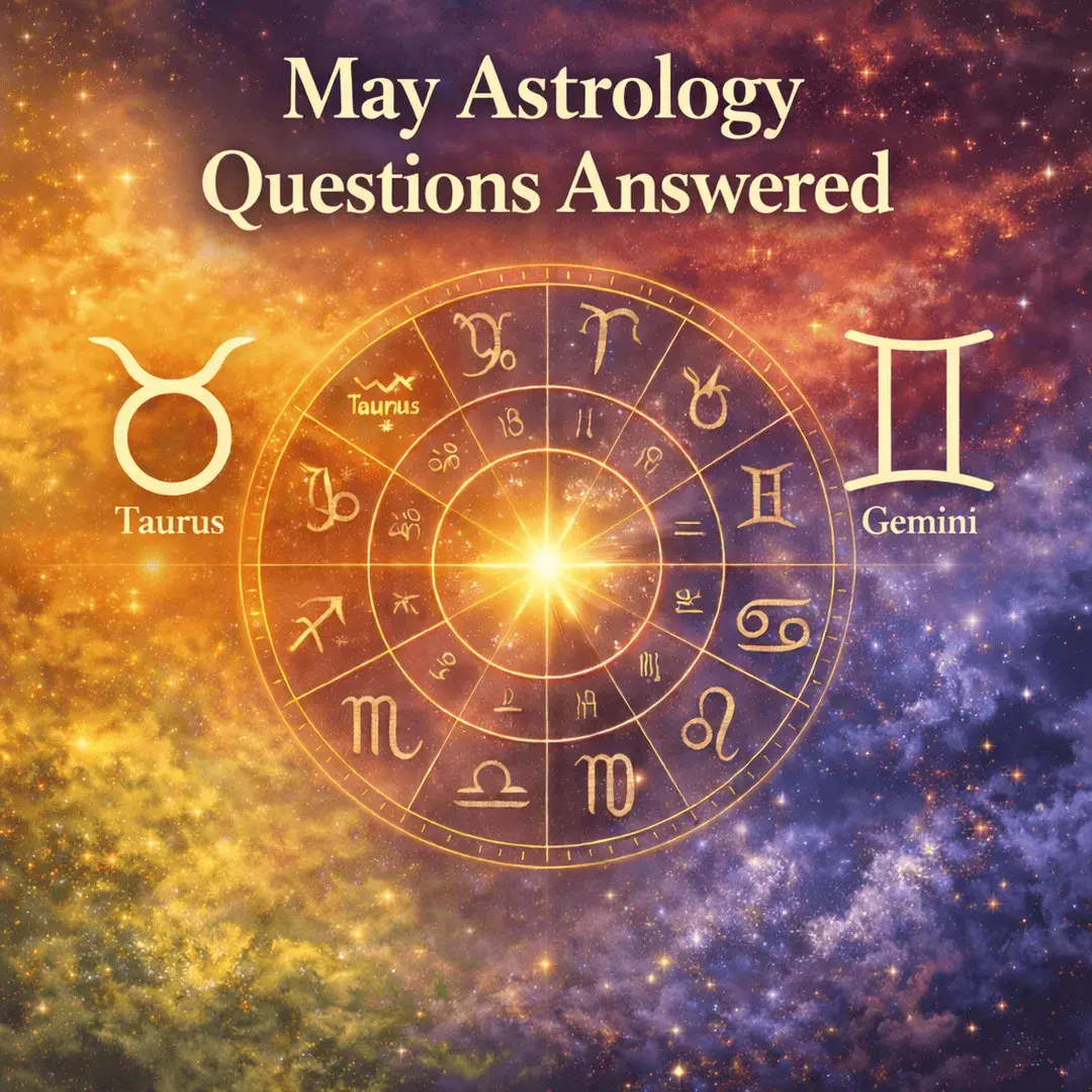 zodiac wheel with Taurus and Gemini symbols in a cosmic sky representing May astrology questions and seasonal zodiac energy
