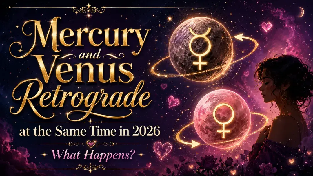 Mercury and Venus retrograde 2026 image with glowing planets and a woman in profile.