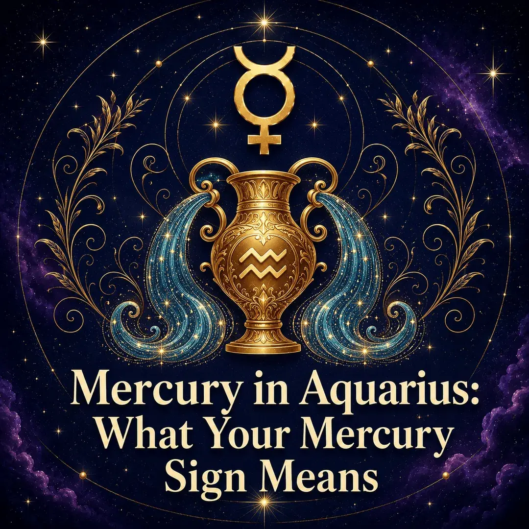 Mercury in Aquarius astrology artwork with a gold Mercury symbol and water-bearing vessel.