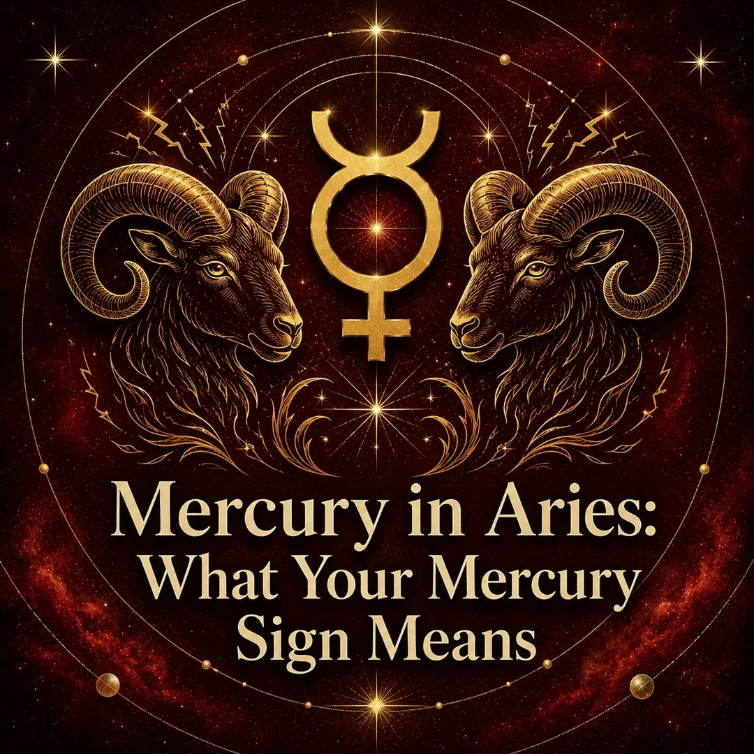 Mercury in Aries astrology artwork with a gold Mercury symbol and two rams.
