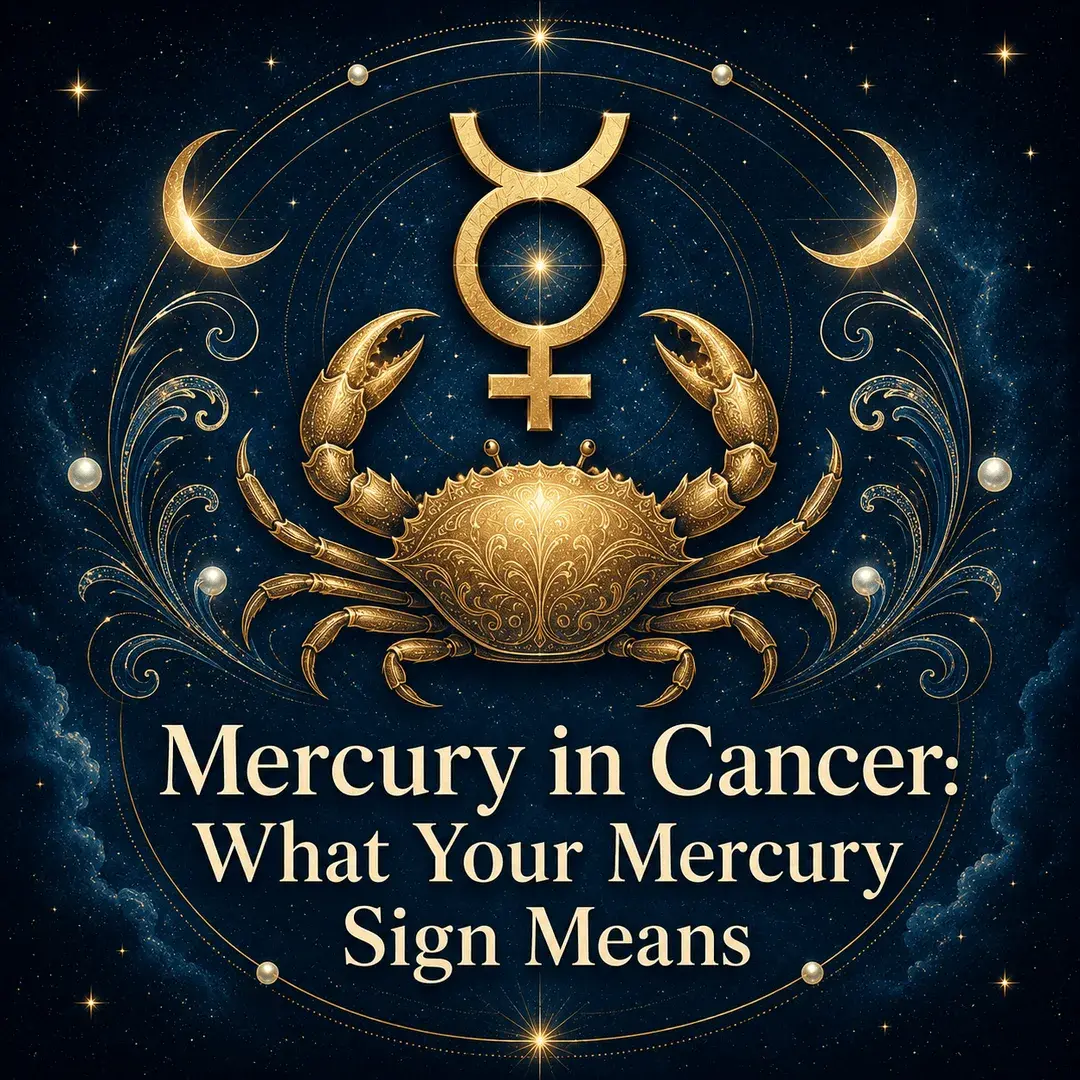 Mercury in Cancer astrology artwork with a gold Mercury symbol, crab, and crescent moons.
