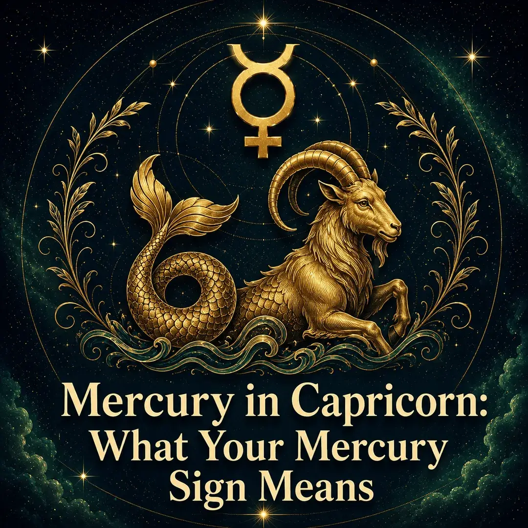 Mercury in Capricorn astrology artwork with a gold Mercury symbol and mythical sea-goat.