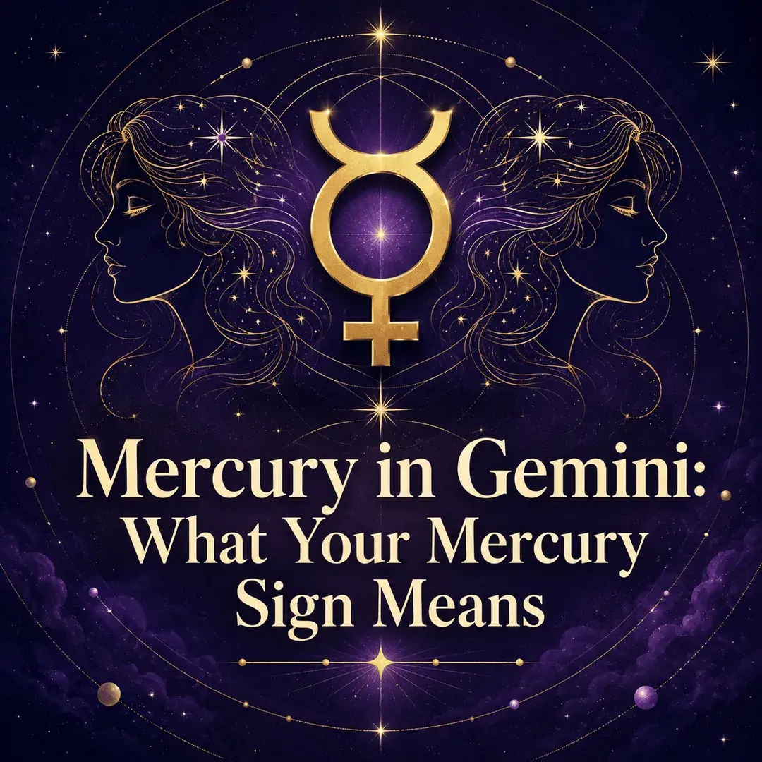 Mercury in Gemini astrology image with twin celestial figures and a gold Mercury symbol.