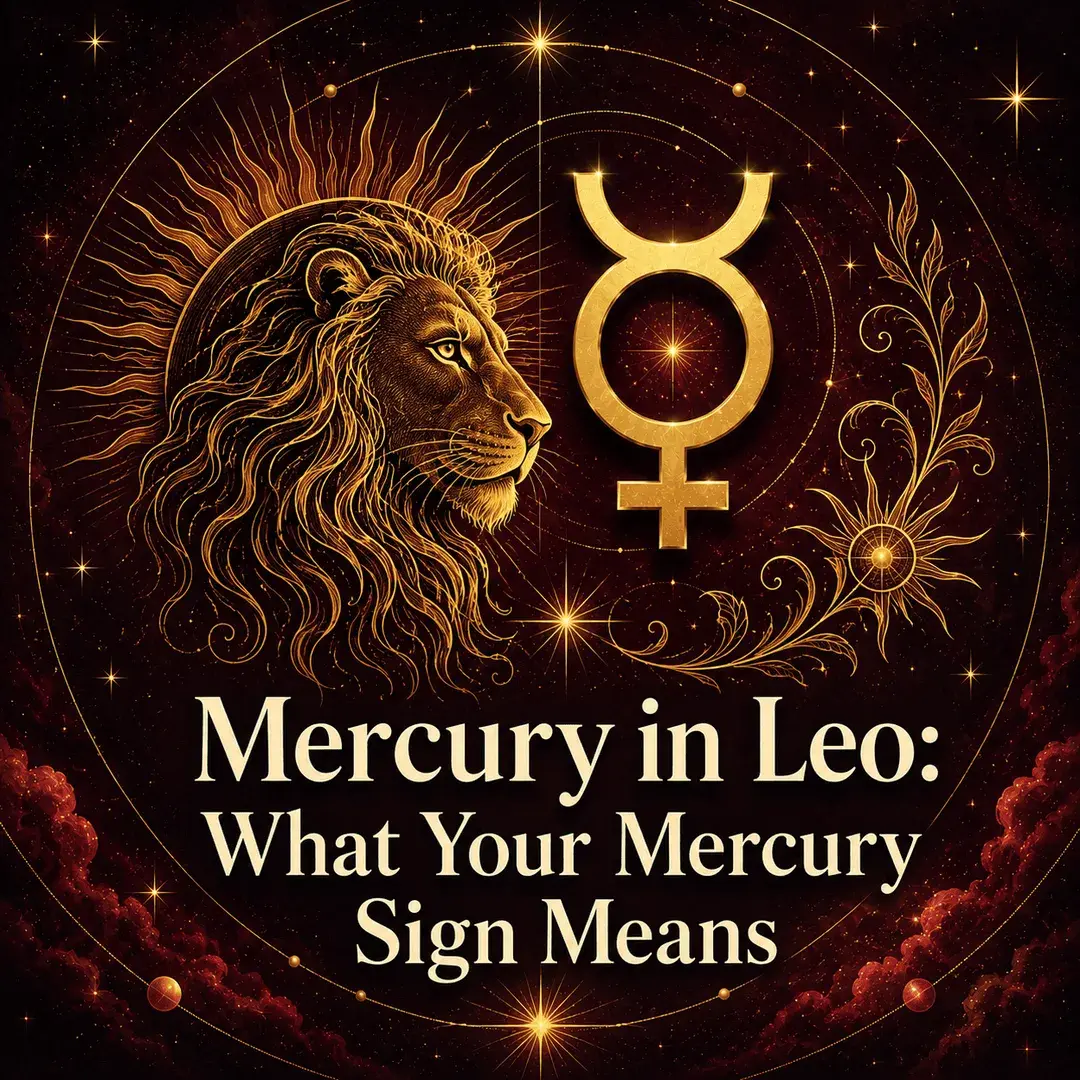 Mercury in Leo astrology artwork with a gold Mercury symbol and celestial lion.