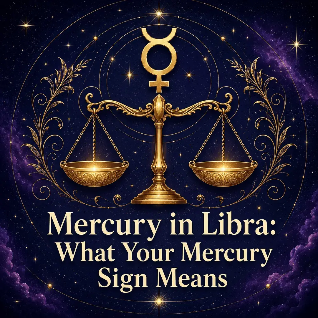 Mercury in Libra astrology artwork with a gold Mercury symbol and balance scales.