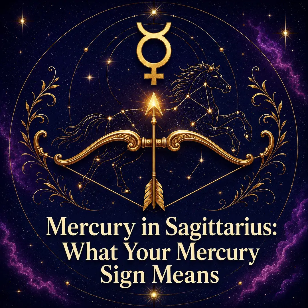 Mercury in Sagittarius astrology artwork with a gold bow, arrow, and horse constellation.