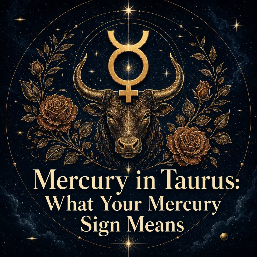 Mercury in Taurus astrology artwork with a gold Mercury symbol, bull, and roses.