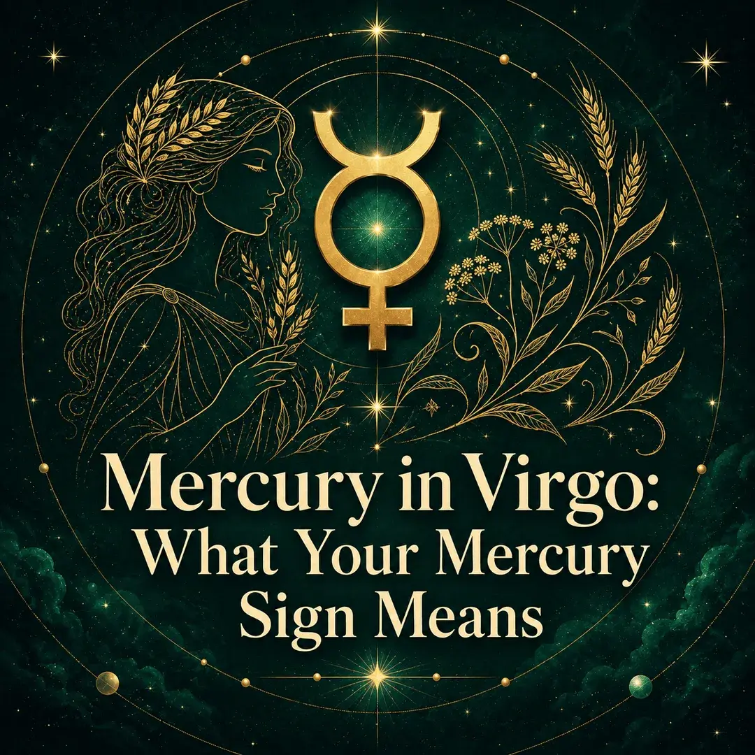 Mercury in Virgo astrology image with a gold Mercury symbol, celestial maiden, and wheat details.