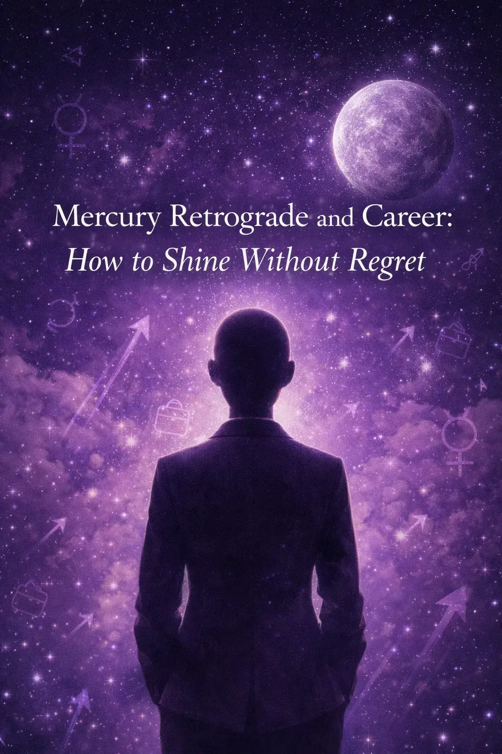 Gender-neutral person silhouetted against a violet cosmic background with Mercury and career symbols, representing how to navigate career decisions during Mercury Retrograde