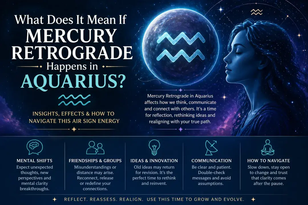 Mercury Retrograde in Aquarius meaning infographic showing effects on communication, thoughts, friendships, and personal growth