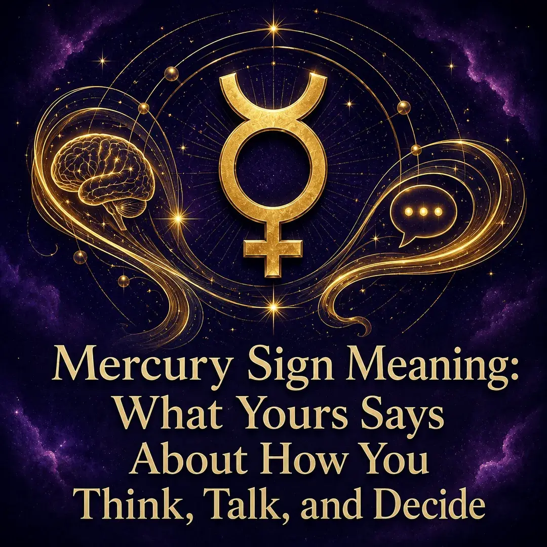 Mercury sign meaning artwork with a gold Mercury symbol, brain, and speech bubble on a violet celestial background.