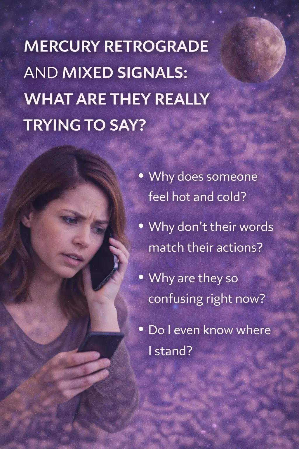 woman looking confused at her phone during Mercury retrograde and trying to understand mixed signals in communication