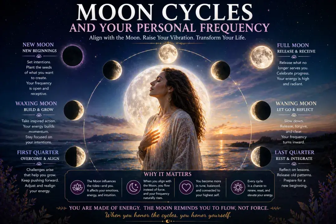 Woman meditating under moon phases showing how moon cycles influence personal vibrational frequency, emotions, and spiritual energy