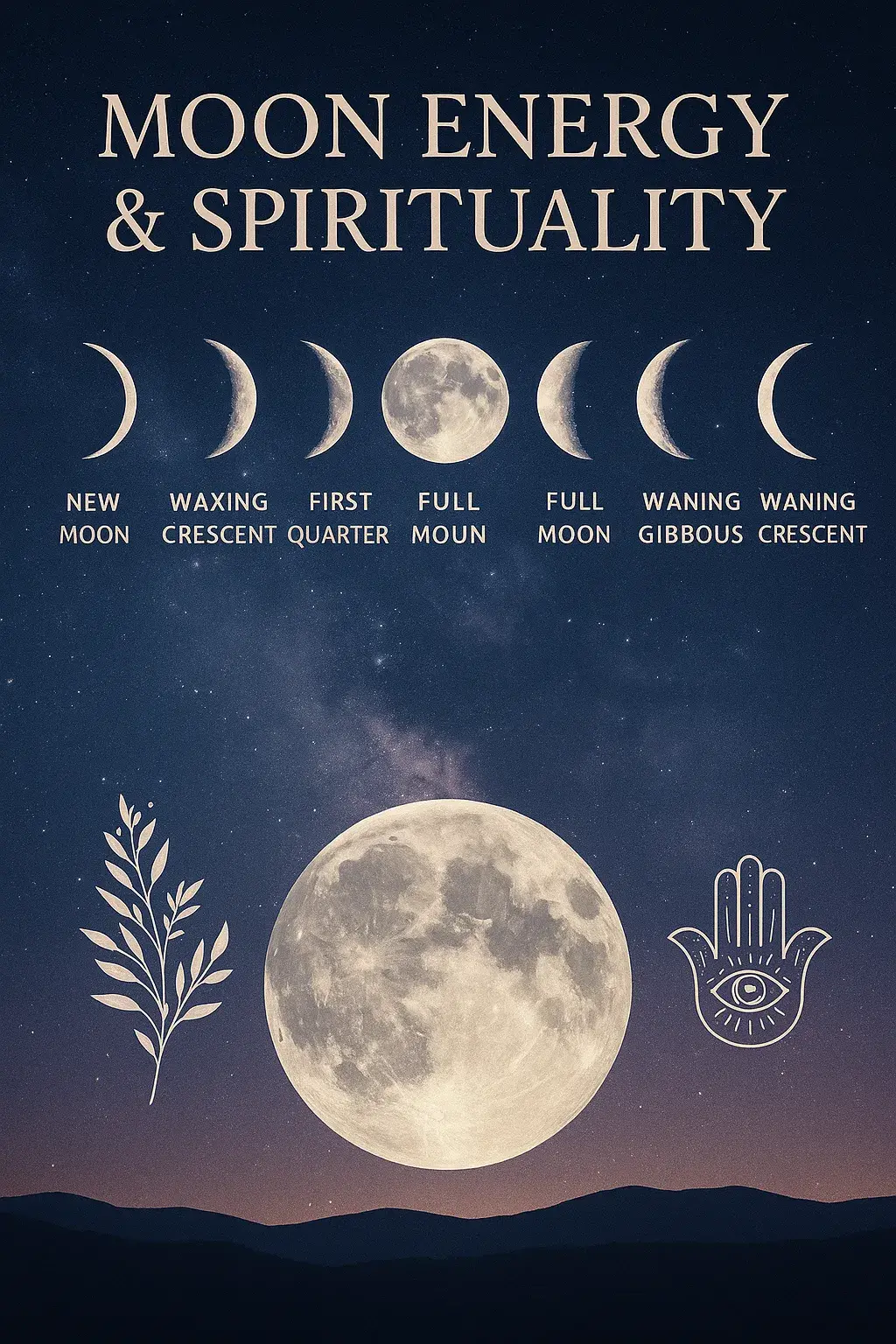 A digital illustration titled "Moon Energy & Spiritual Phases" featuring a luminous moon surrounded by icons representing the eight moon phases (new moon, crescent, quarter, gibbous, full moon, etc.), with spiritual symbols like stars, crystals, and journal prompts. The design uses soft purples and blues to evoke calm, intuitive energy, visually guiding viewers through lunar cycles and their meanings.