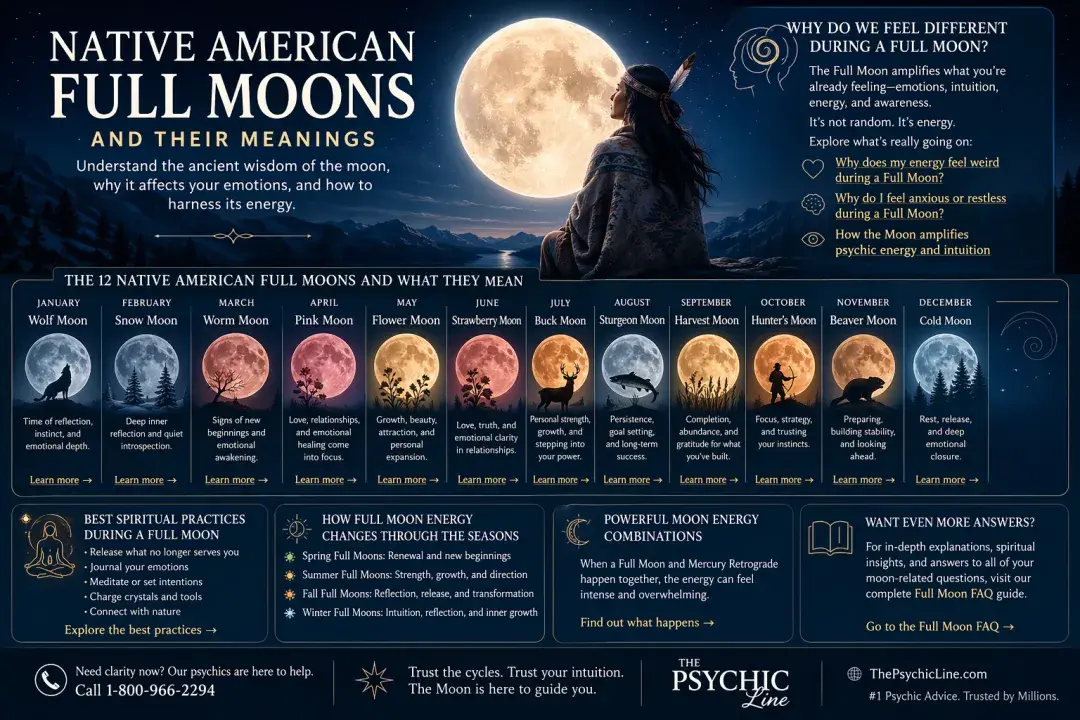 Native American full moon meanings chart showing each moon phase from Wolf Moon to Cold Moon with emotional themes and spiritual energy explained