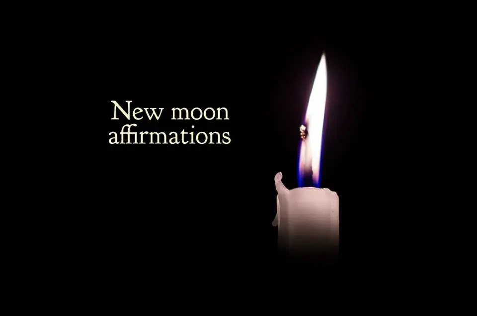 white candle on black background with text "New Moon Affirmations"