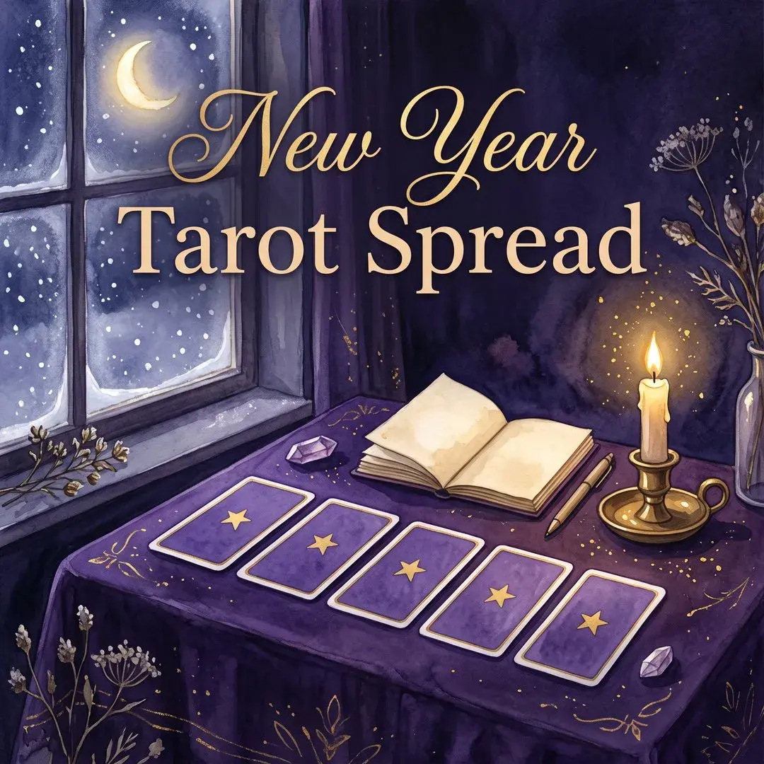 New year tarot spread: five tarot cards in a row by a snowy window with a candle and an open notebook