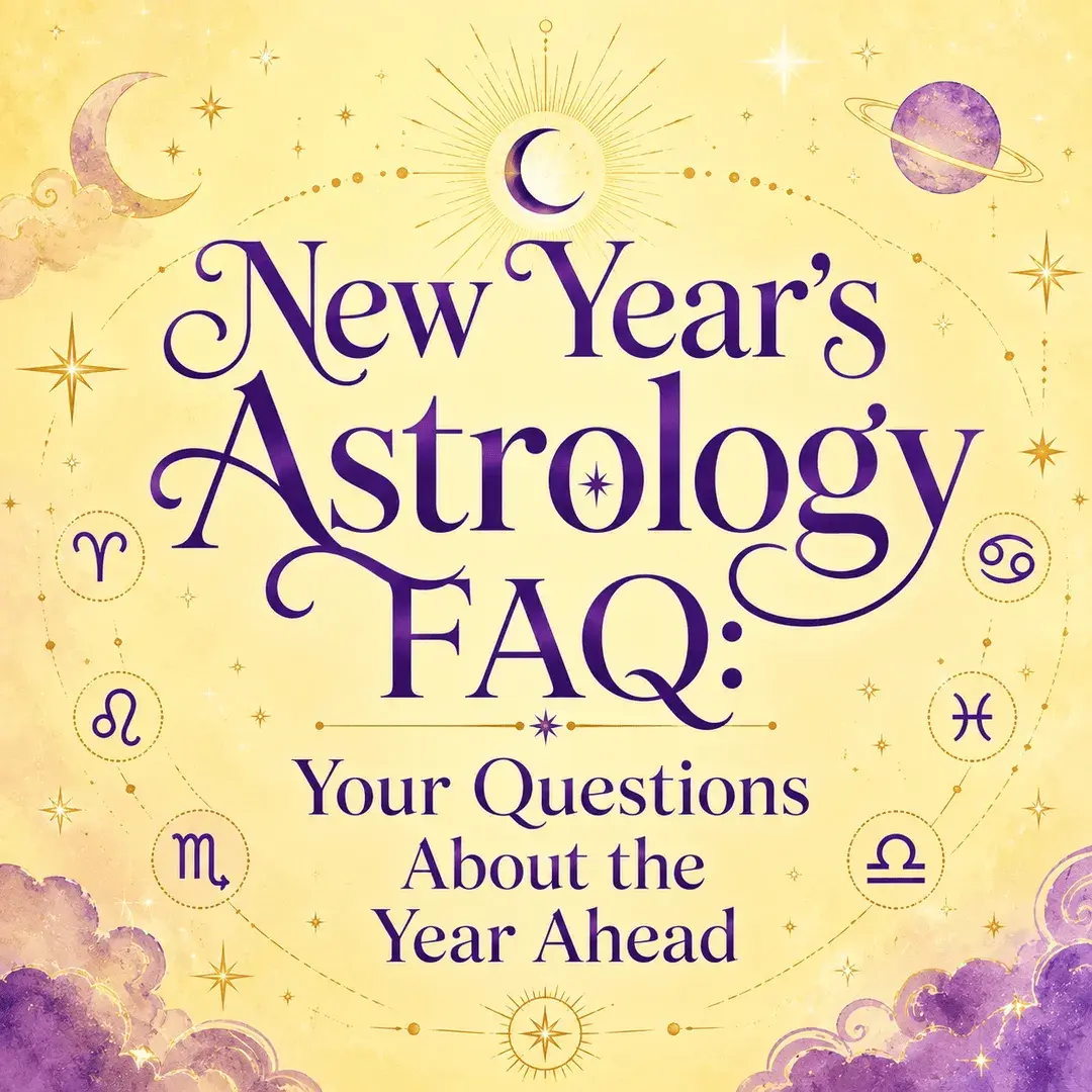 Purple and gold New Year’s astrology FAQ design on a light yellow celestial background.