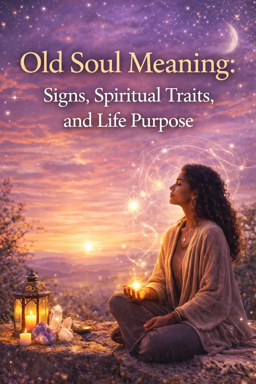 spiritual illustration of a woman meditating at sunset representing the meaning of an old soul and spiritual life purpose