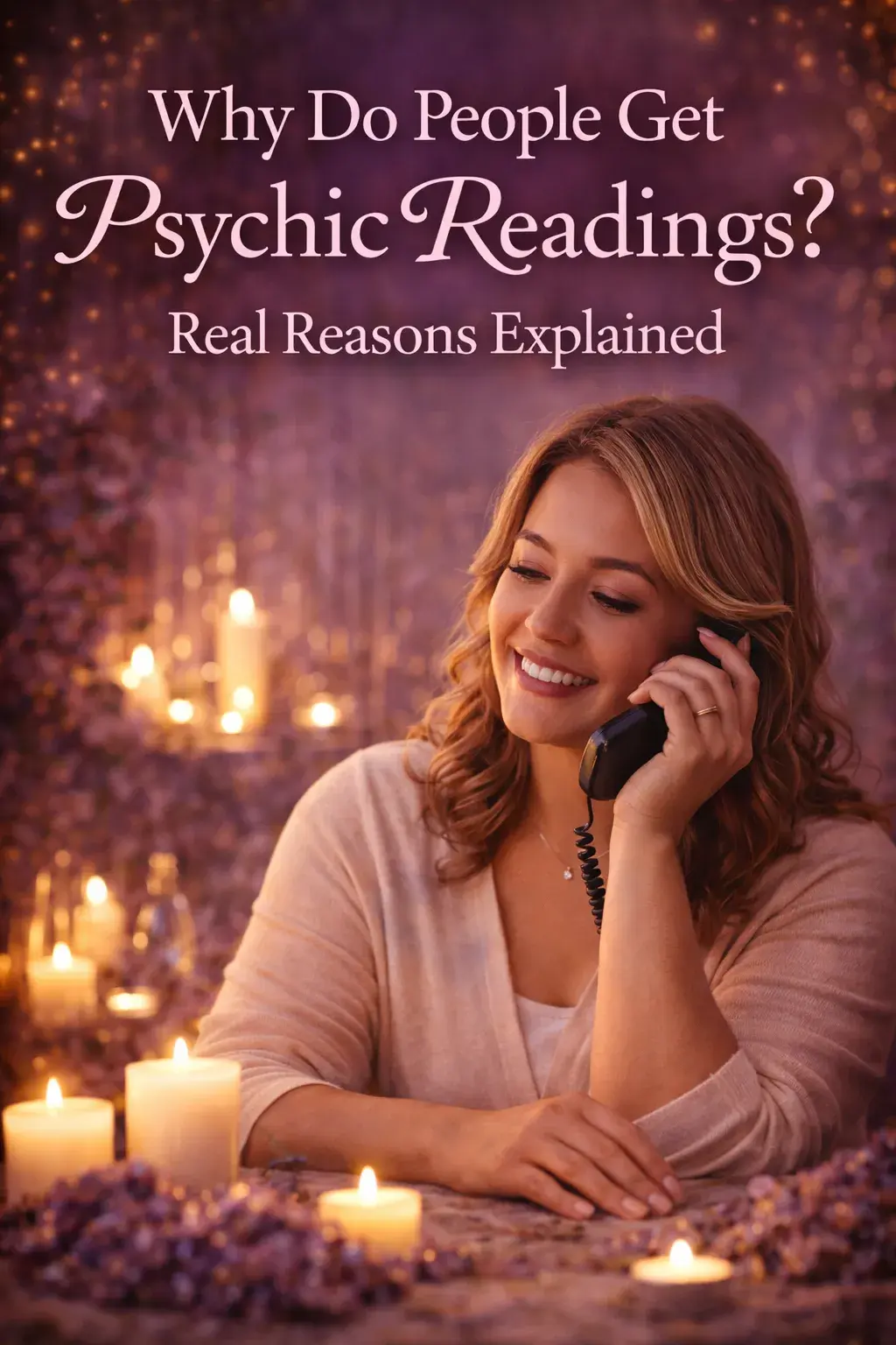 Woman smiling while talking on the phone during a psychic reading, representing clarity, comfort, and emotional guidance
