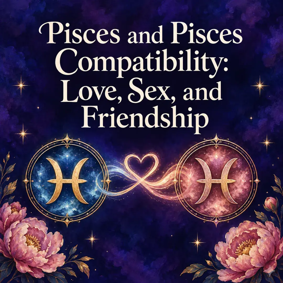 Two Pisces symbols joined by a glowing heart with peonies