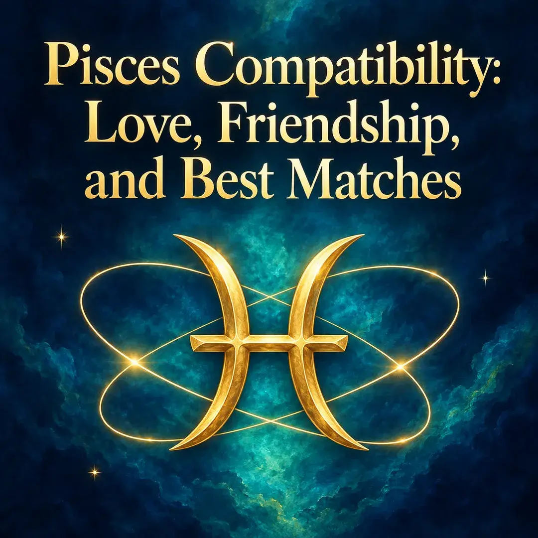 Gold Pisces symbol inside glowing rings on deep teal
