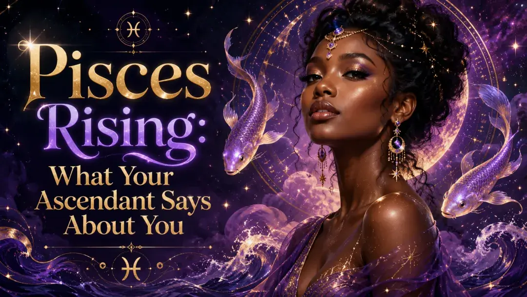 Celestial Pisces Rising image with a woman, two glowing fish, and purple cosmic astrology details.