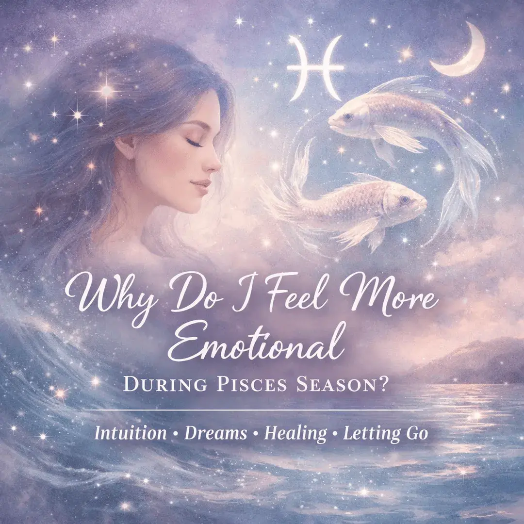 Dreamy Pisces season illustration of a serene woman with celestial ocean background and zodiac fish symbol, representing emotional sensitivity, intuition, and spiritual reflection during Pisces season.