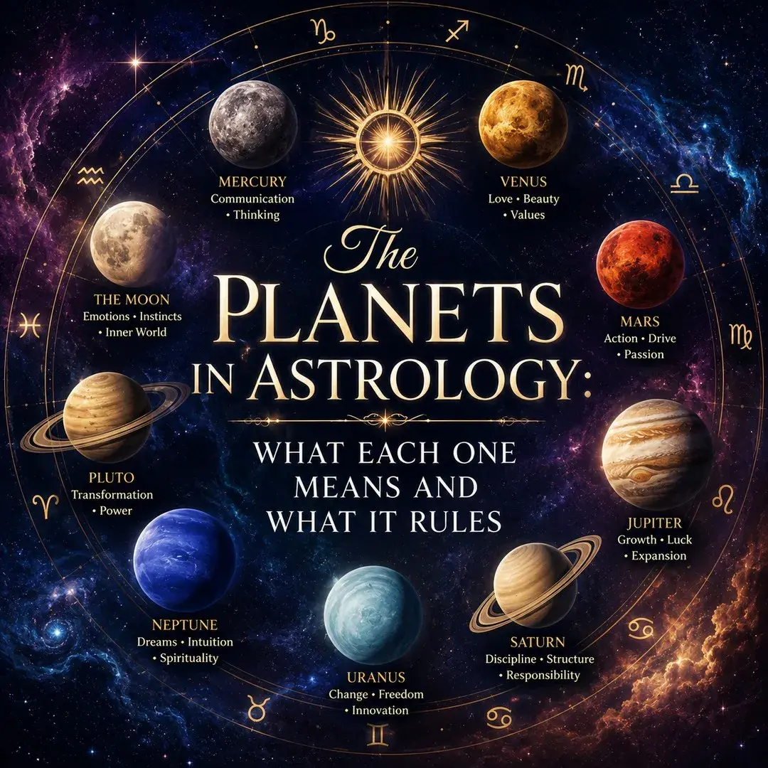 The planets used in astrology arranged in a ring around a golden sun, each labeled with what it governs, against a starry sky with zodiac symbols
