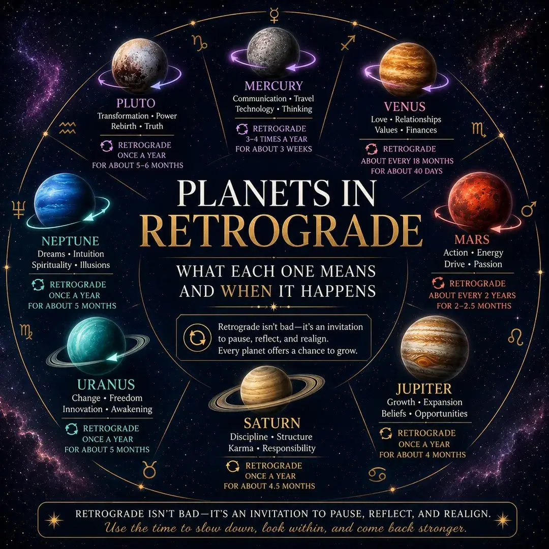 Eight planets arranged in a circle, each ringed by a looping retrograde arrow and labeled with what it governs and how often it turns retrograde