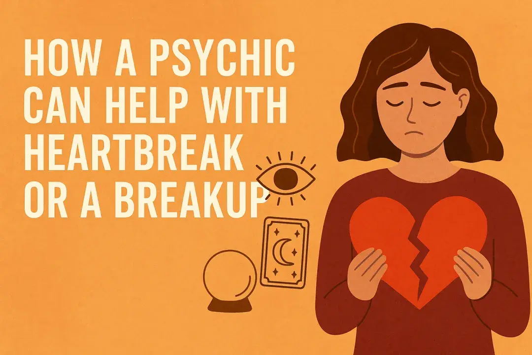 orange background with cartoon woman holding a broken red heart with text "how a psychic can help you with heartbreak"