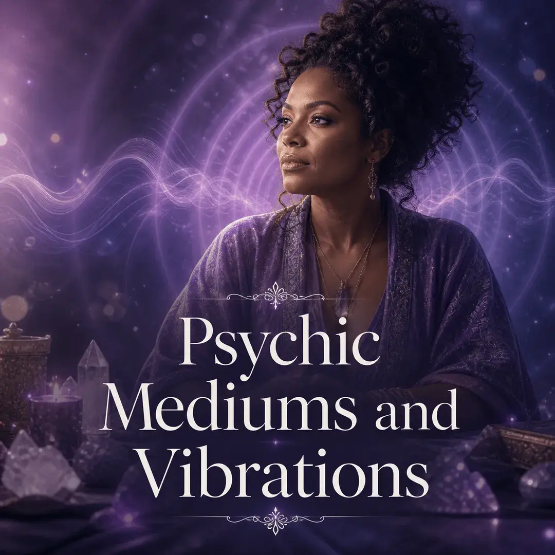 Psychic medium surrounded by glowing purple energy waves, crystals, and candlelight, representing spiritual vibrations and intuitive connection.